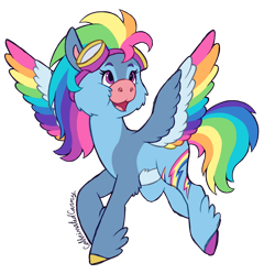 Size: 1116x1112 | Tagged: safe, artist:caffeinatedcarny, rainbow dash, pegasus, pony, g4, 80s, alternate cutie mark, belly fluff, cheek fluff, coat markings, colored hooves, colored wings, countershading, feathered fetlocks, flying, goggles, goggles on head, hooves, multicolored hair, multicolored hooves, multicolored wings, rainbow hair, rainbow wings, redesign, simple background, solo, transparent background, vintage, wings