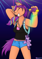 Size: 1500x2100 | Tagged: safe, artist:passionpanther, sunny starscout, twilight sparkle, earth pony, anthro, unguligrade anthro, g5, arm behind head, belly, belly button, breasts, clothes, ear fluff, eyes closed, female, midriff, neon, open mouth, plushie, rave, shorts, smiling, solo, twilight sparkle plushie