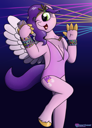 Size: 1500x2100 | Tagged: safe, artist:passionpanther, pipp petals, pegasus, anthro, unguligrade anthro, g5, bracelet, breasts, cellphone, clothes, female, jewelry, leotard, necklace, one eye closed, open mouth, phone, rave, smartphone, solo, unshorn fetlocks, waving