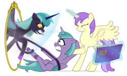 Size: 5419x3238 | Tagged: safe, artist:equestriaexploration, alula, pluto, princess erroria, shiny sparks, pony, g4, g5, book, magic, mirror, nightmare version, simple background, transparent background