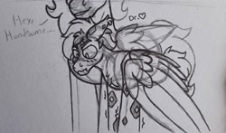 Size: 2260x1332 | Tagged: safe, artist:drheartdoodles, oc, oc:dr.heart, oc:slash, clydesdale, dracony, dragon, hybrid, pegasus, blushing, flirting, size difference, spread wings, wingboner, wings