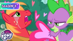 Size: 1280x720 | Tagged: safe, big macintosh, spike, dragon, earth pony, pony, g4, my little pony: friendship is magic, official, season 8, the break up breakdown, big macintosh's yoke, bush, crying, heart, horse collar, house, lidded eyes, male, official thumbnail, out of context, smiling, stallion, thumbnail, wingless spike, youtube thumbnail