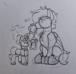 Size: 2685x2616 | Tagged: safe, artist:drheartdoodles, oc, oc:dr.heart, oc:golden heart, clydesdale, pegasus, unicorn, horn, mug, size difference