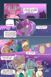 Size: 960x1440 | Tagged: safe, artist:cold-blooded-twilight, applejack, bon bon, fluttershy, lyra heartstrings, mayor mare, pinkie pie, rainbow dash, sweetie drops, twilight sparkle, cold blooded twilight, comic:cold storm, g4, alternate design, blushing, comic, dialogue, glowing, glowing eyes, shivering, speech bubble, sweat, twilighs sparkle