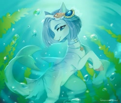 Size: 3322x2822 | Tagged: safe, artist:noemint, oc, oc only, hybrid, merpony, original species, pony, shark, shark pony, g4, algae, blue eyes, blue mane, blue tail, blushing, bubble, coral, crepuscular rays, cute, digital art, dorsal fin, fangs, female, fin, fins, fish tail, flowing mane, flowing tail, gem, happy, jewelry, looking at you, mare, necklace, ocean, open mouth, open smile, pearl necklace, reef, scales, seashell, seaweed, signature, smiling, smiling at you, solo, sunlight, swimming, tail, teeth, trade, underwater, unshorn fetlocks, water