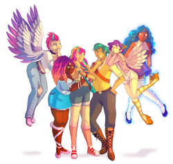 Size: 1872x1774 | Tagged: safe, artist:kutapikakun, hitch trailblazer, izzy moonbow, misty brightdawn, pipp petals, sunny starscout, zipp storm, human, g5, alternate hairstyle, belt, boots, bra, bra strap, choker, clothes, commission, converse, dark skin, denim, ear piercing, earring, eyebrow piercing, female, flats, flying, freckles, grin, high heels, hug, humanized, jeans, jewelry, levitation, magic, male, mane five, mane six (g5), nail polish, one eye closed, pants, piercing, platform heels, ripped jeans, ripped pants, royal sisters (g5), shirt, shoes, shorts, siblings, simple background, sisters, skirt, smiling, socks, stockings, telekinesis, thigh highs, torn clothes, underwear, white background, winged humanization, wings, wink