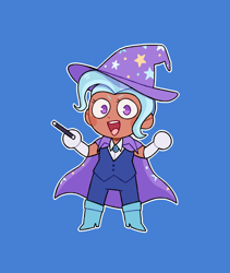 Size: 1260x1496 | Tagged: safe, alternate version, artist:tinypurplebrush, trixie, human, g4, blue background, boots, cape, chibi, clothes, commission, cute, diatrixes, female, gloves, hat, high heel boots, humanized, magic wand, open mouth, pants, shirt, shoes, simple background, solo, trixie's cape, trixie's hat, vest, wand