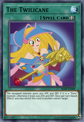 Size: 813x1185 | Tagged: safe, artist:badumsquish, derpibooru exclusive, human, g4, card, card game, ccg, clothes, confused, dark background, dark magician girl, equip spell card, female, glowing, hat, holding, makeup, pentagram, scared, scepter, skirt, smiling, spell card, spreading, trading card, twilight scepter, yu-gi-oh!, yugioh card