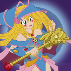 Size: 1228x1228 | Tagged: safe, artist:badumsquish, derpibooru exclusive, human, g4, card, card game, ccg, clothes, confused, dark background, dark magician girl, equip spell card, female, glowing, hat, holding, makeup, pentagram, scared, scepter, skirt, smiling, spell card, spreading, trading card, twilight scepter, yu-gi-oh!, yugioh card