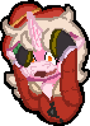 Size: 568x792 | Tagged: safe, artist:bloonacorn, oc, oc:bloona blazes, unicorn, bust, digital art, hat, horn, pixel art, simple background, team fortress 2, transparent background, unicorn oc