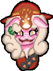 Size: 744x1000 | Tagged: safe, artist:bloonacorn, oc, oc:bloona blazes, bust, digital art, fire, hat, magic, pixel art, simple background, team fortress 2, transparent background