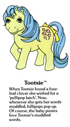 Size: 550x1000 | Tagged: safe, tootsie, earth pony, pony, g1, my little pony fact file, official, bow, closed mouth, cute, diatoots, female, g1 backstory, mare, raised hoof, smiling, solo, tail, tail bow, text