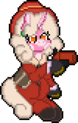 Size: 424x664 | Tagged: safe, artist:bloonacorn, oc, oc:bloona blazes, unicorn, bag, digital art, flare gun, hat, horn, pixel art, saddle bag, simple background, team fortress 2, transparent background, unicorn oc