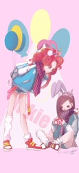 Size: 1080x2338 | Tagged: safe, artist:蛇君snake, pinkie pie, human, g4, balloon, bunny ears, camera, character name, clothes, cutie mark background, denim, denim shorts, full body, holding, humanized, jacket, kneesocks, pink background, pinkamena diane pie, scarf, self paradox, shoes, shorts, signature, simple background, sitting, socks, text, two toned background, white background