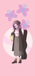 Size: 1080x2338 | Tagged: safe, artist:蛇君snake, fluttershy, human, g4, bag, blushing, character name, clothes, cream background, cutie mark background, full body, glasses, guitar, humanized, long skirt, musical instrument, pink background, shoes, simple background, skirt, solo, text, trenchcoat, two toned background