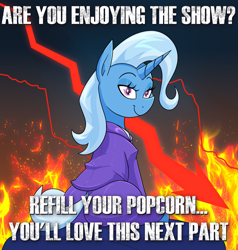 Size: 1797x1887 | Tagged: safe, artist:moonatik, trixie, unicorn, g4, alternate clothes, business suit, butt, clothes, female, fire, horn, looking at you, mare, plot, solo, suit, trixie as trump