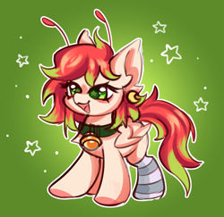 Size: 3500x3404 | Tagged: safe, artist:uwushka, oc, oc only, oc:chise, pegasus, pony, antennae, bell, bell collar, clothes, collar, ear piercing, earring, green background, green eyes, jewelry, outline, piercing, red mane, simple background, sock, socks, solo, starry eyes, stars, tendrils, two toned hair, white outline, wingding eyes, wings