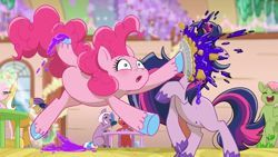 Size: 1280x720 | Tagged: safe, pinkie pie, twilight sparkle, earth pony, pegasus, unicorn, g4, leak, bully, bullying, camp cutie mark, curly mane, curly tail, desiree goldenhoof, eyes closed, falling, female, food, glowing, glowing horn, gradient mane, horn, jam, jar, laughing, long mane, long tail, magic, male, oops, pie, pie in the face, slipping, tail, telekinesis, three toned mane, three toned tail, two toned mane, two toned tail, unicorn magic, unshorn fetlocks, wings