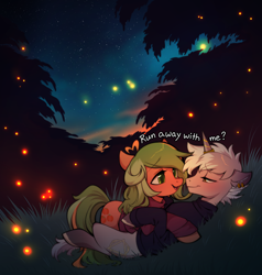 Size: 2636x2773 | Tagged: safe, artist:glacierclear, oc, oc only, oc:gilded, oc:pumpkin twist, earth pony, firefly (insect), insect, pony, unicorn, background, clothes, colored, couple, dialogue, female, horn, male, mare, night, outdoors, stallion, stars