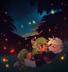 Size: 2636x2773 | Tagged: safe, alternate version, artist:glacierclear, oc, oc only, oc:gilded, oc:pumpkin twist, earth pony, firefly (insect), insect, pony, unicorn, background, clothes, colored, couple, female, horn, male, mare, night, outdoors, romance, romantic, stallion, stars