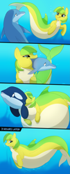 Size: 1695x4209 | Tagged: safe, artist:dolphinproject, oc, oc only, oc:lemon drop, dolphin, hybrid, orca, orca pony, original species, abdominal bulge, belly, big belly, bubble, comic, commissioner:lemondrop, crepuscular rays, digestion, fish tail, ocean, oral vore, signature, species swap, sunlight, swimming, tail, underwater, vore, water, weight gain