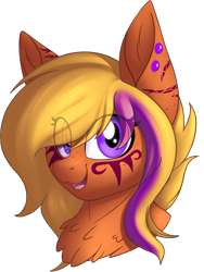 Size: 846x1124 | Tagged: safe, artist:notetaker, oc, oc only, oc:corona lionheart, hippogriff, bust, chest fluff, ear piercing, eye clipping through hair, female, freckles, looking at you, markings, open mouth, piercing, portrait, redesign, simple background, smiling, smiling at you, solo, transparent background