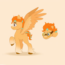 Size: 2480x2480 | Tagged: safe, artist:starburstuwu, oc, oc only, oc:starburst (starburstuwu), pegasus, pony, aviator goggles, feathered fetlocks, goggles, goggles on head, high res, male, orange background, race swap, raised hoof, simple background, solo, stallion