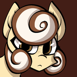 Size: 768x768 | Tagged: safe, artist:kharmacal, oc, oc only, oc:cinnamon roll, pegasus, :<, brown eyes, bust, catchlights, cream coat, freckles, human chin, looking at you, no nose, old art, shading, solo, two toned mane