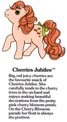 Size: 550x1000 | Tagged: safe, cherries jubilee, earth pony, pony, g1, my little pony fact file, official, bow, cherries cuteilee, closed mouth, cute, female, g1 backstory, mare, smiling, solo, tail, tail bow, text, walking