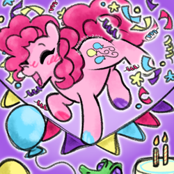 Size: 2048x2048 | Tagged: safe, artist:mrmega57, gummy, pinkie pie, earth pony, pony, g4, balancing, balloon, banner, cake, candle, confetti, food, hoof polish, indoors, mane six, streamers