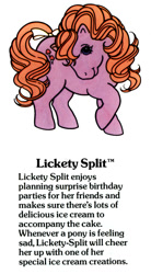 Size: 550x1000 | Tagged: safe, lickety-split, earth pony, pony, g1, my little pony fact file, official, bow, closed mouth, cute, female, g1 backstory, g1 licketybetes, mare, raised hoof, smiling, solo, tail, tail bow, text