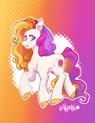 Size: 700x900 | Tagged: safe, artist:akaunkel, sunny daze (g3), earth pony, pony, g3, cloven hooves, female, gradient background, halftone effect, looking at you, mare, multicolored mane, signature, smiling, smiling at you, solo