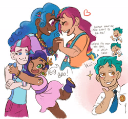 Size: 2048x1912 | Tagged: safe, artist:eatingsomegreeneggos, hitch trailblazer, izzy moonbow, pipp petals, sunny starscout, zipp storm, human, g5, bag, barette, blushing, boots, brother and sister, clothes, crossed arms, cutie mark tattoo, dark skin, diadem, dialogue, dress, eyes closed, female, fingers interlocked, floating heart, grin, heart, hi, hug, humanized, implied bisexual, jewelry, lesbian, lidded eyes, light skin, male, mane five, mane stripe sunny, moderate dark skin, necklace, necktie, one eye closed, open mouth, open smile, pride, pride flag, raised leg, regalia, sheriff's badge, ship:moonscout, shipping, shirt, shoes, siblings, smiling, smug, sparkles, sunny's bag, tattoo, trans male, trans zipp, transgender, transgender pride flag, wristband