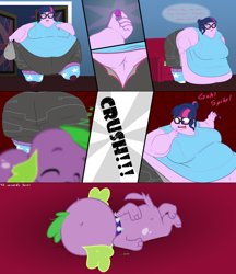 Size: 5200x6015 | Tagged: safe, artist:neongothic, sci-twi, spike, spike the regular dog, twilight sparkle, equestria girls, g4, bbw, belly, big belly, bingo wings, breasts, burger, chubby cheeks, comic, couch, double chin, family guy death pose, fat, fat ass, fat boobs, fat fetish, fetish, food, geode of telekinesis, magical geodes, morbidly obese, obese, ssbbw, the ass was too fat, thighs, thunder thighs, twilard sparkle, weight gain