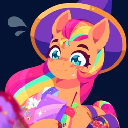 Size: 1000x1000 | Tagged: safe, artist:mirkywave, sunny starscout, earth pony, pony, g5, blushing, candy, clothes, costume, emanata, female, food, halloween, halloween costume, hat, mane stripe sunny, mare, plewds, simple background, solo, sweat, sweatdrops, tail, unshorn fetlocks, witch hat