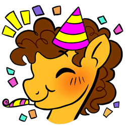 Size: 2048x2048 | Tagged: safe, artist:eatingsomegreeneggos, cheese sandwich, earth pony, pony, g4, blushing, bust, confetti, emanata, eyes closed, hat, male, noisemaker, party hat, portrait, simple background, smiling, solo, stallion, transparent background