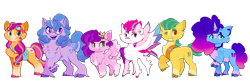 Size: 2650x882 | Tagged: safe, artist:k1ttygam3r, hitch trailblazer, izzy moonbow, misty brightdawn, pipp petals, sunny starscout, zipp storm, earth pony, pegasus, pony, unicorn, g5, band-aid, band-aid on cheek, band-aid on nose, belly fluff, blaze (coat marking), bow, bracelet, butt fluff, chest fluff, choker, cloven hooves, coat markings, diadem, ear freckles, ear piercing, facial markings, female, fluffy, freckles, friendship bracelet, gap teeth, glasses, goggles, goggles on head, grin, group, horn, izzy's glasses, jewelry, leg fluff, leg freckles, looking at you, looking sideways, male, mane five, mane six (g5), mane stripe sunny, mare, one eye closed, open mouth, open smile, piercing, raised hoof, rebirth misty, redesign, regalia, sextet, sheriff's badge, shoulder freckles, simple background, smiling, smiling at you, spread wings, stallion, sunny's bag, tail, tail bow, transparent background, unshorn fetlocks, wings, wink, winking at you