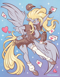 Size: 3850x4900 | Tagged: safe, artist:spookieghoulie, derpy hooves, pegasus, anthro, unguligrade anthro, g4, :p, absurd resolution, bag, breasts, cleavage, clothes, eyeshadow, female, fingerless gloves, gloves, gradient background, hand on hip, hat, keychain, letter, mailmare, makeup, pansexual pride flag, pride, pride flag, socks, solo, spread wings, tongue out, wings