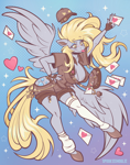 Size: 3850x4900 | Tagged: safe, artist:spookieghoulie, derpy hooves, pegasus, anthro, unguligrade anthro, g4, :p, absurd resolution, bag, breasts, busty derpy hooves, cleavage, clothes, eyeshadow, female, fingerless gloves, gloves, gradient background, hand on hip, hat, heart, keychain, letter, mailmare, makeup, pansexual pride flag, pride, pride flag, socks, solo, spread wings, tongue out, wings