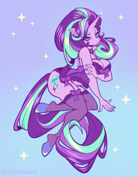 Size: 3850x4900 | Tagged: safe, artist:spookieghoulie, part of a set, starlight glimmer, unicorn, anthro, unguligrade anthro, g4, absurd resolution, arm under breasts, big breasts, bow, breasts, cleavage, clothes, eyeshadow, female, garter belt, gradient background, horn, lingerie, looking at you, makeup, nail polish, solo, stockings, thigh highs