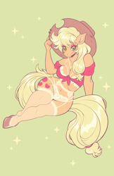 Size: 3300x5100 | Tagged: safe, artist:spookieghoulie, part of a set, applejack, earth pony, anthro, unguligrade anthro, g4, absurd resolution, applebucking thighs, applejack's hat, breasts, cleavage, clothes, cowboy hat, eyeshadow, female, front knot midriff, garter belt, hat, lingerie, looking at you, makeup, midriff, simple background, sitting, smiling, solo, thighs, thunder thighs