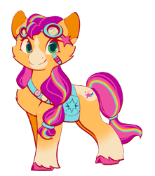 Size: 1099x1246 | Tagged: safe, artist:k1ttygam3r, sunny starscout, earth pony, pony, g5, band-aid, band-aid on cheek, blaze (coat marking), chest fluff, cloven hooves, coat markings, facial markings, female, goggles, goggles on head, looking at you, mane stripe sunny, mare, redesign, simple background, smiling, smiling at you, solo, sunny's bag, tail, transparent background, unshorn fetlocks