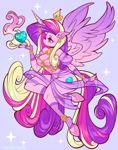 Size: 3850x4900 | Tagged: safe, artist:spookieghoulie, part of a set, princess cadance, alicorn, anthro, unguligrade anthro, g4, abstract background, absurd resolution, breasts, choker, cleavage, clothes, corset, crystal heart, ear piercing, eyeshadow, female, jewelry, lingerie, makeup, piercing, regalia, smiling, socks, solo, spread wings, thighs, wings