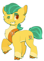 Size: 926x1279 | Tagged: safe, artist:k1ttygam3r, hitch trailblazer, earth pony, pony, g5, chest fluff, gap teeth, grin, looking at you, male, one eye closed, raised hoof, redesign, sheriff's badge, simple background, smiling, solo, stallion, tail, transparent background, unshorn fetlocks, wink, winking at you