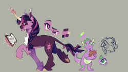 Size: 1920x1080 | Tagged: safe, artist:cerulean-crow, spike, twilight sparkle, dragon, pony, unicorn, g4, alternate design, book, chest fluff, curved horn, duo, duo male and female, female, frog (hoof), glasses, gray background, horn, leonine tail, levitation, magic, male, mare, reading, reference sheet, simple background, tail, telekinesis, underhoof, unicorn twilight, walking