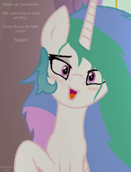 Size: 1058x1394 | Tagged: safe, artist:realdash, princess celestia, alicorn, pony, g4, blushing, cute, cutelestia, dialogue, female, folded wings, giggling, happy, horn, implied anon, long horn, looking at you, magma.com, mare, messy mane, missing accessory, morning ponies, open mouth, raised hoof, show accurate, smiling, solo, waking up, wings