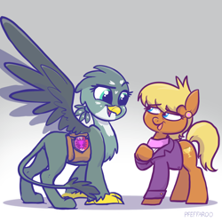 Size: 2106x2106 | Tagged: safe, artist:pfeffaroo, gabby, ms. harshwhinny, earth pony, griffon, pony, g4, badge, bag, chest fluff, clothes, duo, duo female, ear piercing, earring, female, high res, jewelry, looking at each other, looking at someone, mare, open mouth, open smile, piercing, raised hoof, saddle bag, smiling, smiling at each other