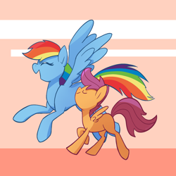 Size: 2048x2048 | Tagged: safe, artist:pfeffaroo, rainbow dash, scootaloo, pegasus, pony, g4, abstract background, duo, duo female, eyes closed, female, filly, flying, foal, high res, mare, nose in the air, open mouth, profile, raised hoof, scootaloo can fly, smiling, spread wings, walking, wings