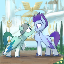 Size: 2048x2048 | Tagged: safe, artist:pfeffaroo, thunder flap, zoom zephyrwing, pegasus, pony, g5, backwards ballcap, baseball cap, cap, duo, duo male and female, eye contact, female, guard, guardsmare, hat, high res, looking at each other, looking at someone, male, mare, outdoors, raised hoof, royal guard, ship:zoomthunder, shipping, stallion, staring contest, straight, unshorn fetlocks, wings