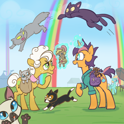 Size: 2048x2048 | Tagged: safe, artist:pfeffaroo, goldie delicious, oc, oc:kettle chip, cat, earth pony, pegasus, pony, unicorn, g4, female, folded wings, freckles, glowing, glowing horn, high res, horn, levitation, magic, magic aura, mare, open mouth, open smile, outdoors, rainbow, raised hoof, smiling, telekinesis, wings